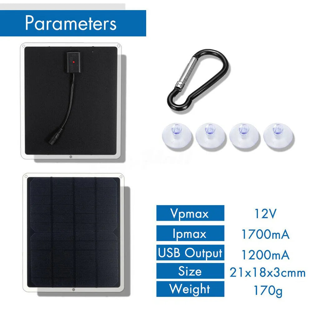 Black solar charger board with 156mm solar panel, 410mAh battery, 12V 1000mA output, 215x185x3mm, for mobile phone charging.