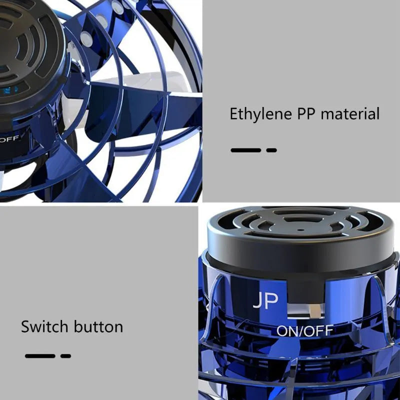 Blue rotating flying gyro induction drone toy made of plastic, 4x8cm, held in hand showing its compact size