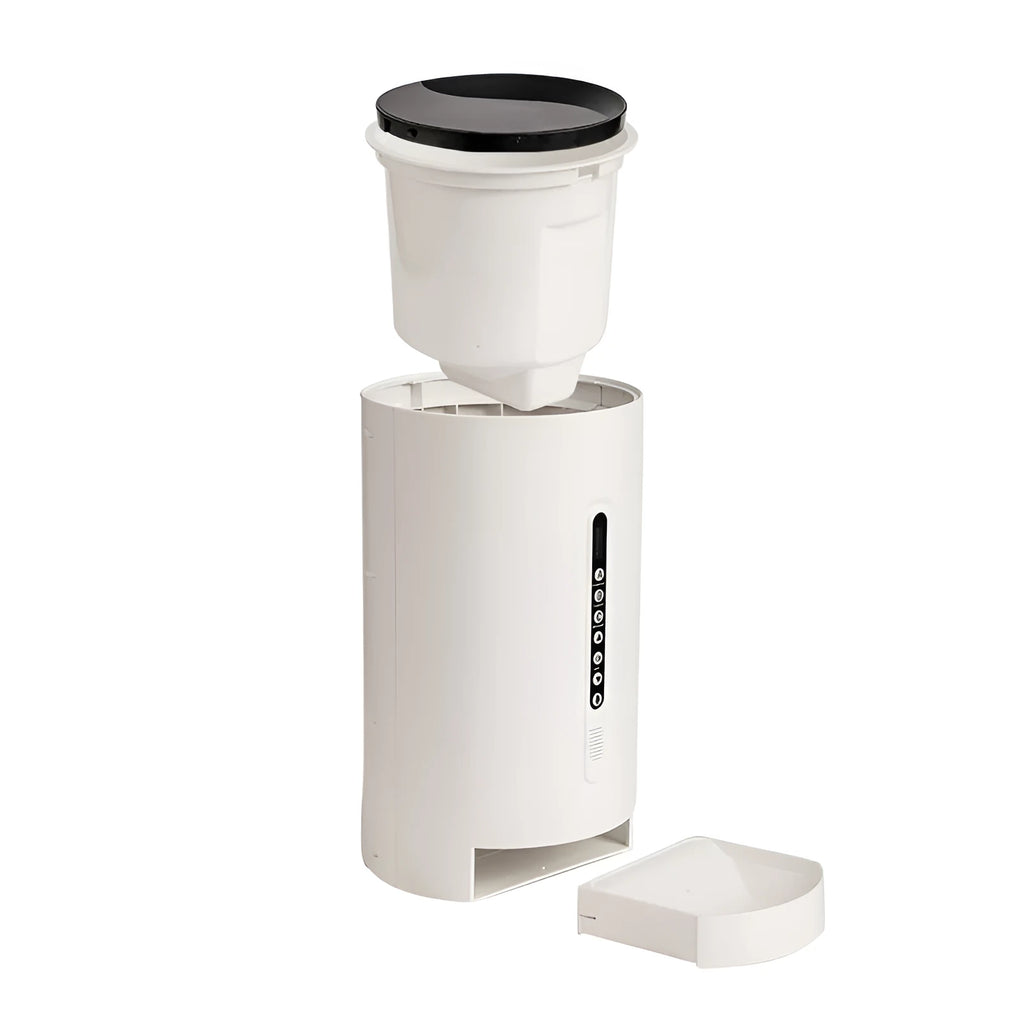 White smart pet feeder with digital timer display and food storage compartment