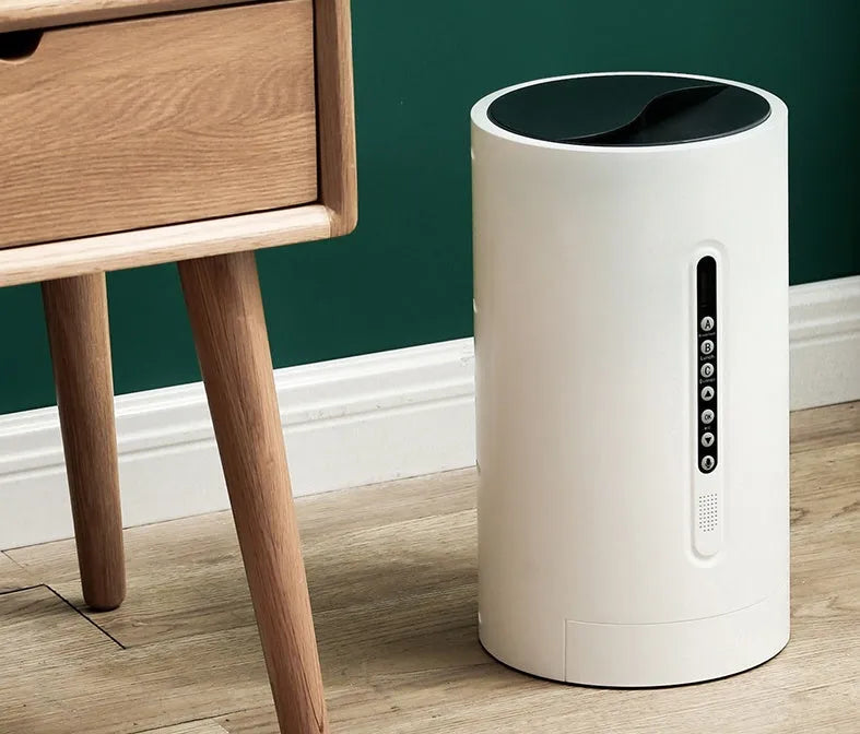 White smart pet feeder with digital timer display and food storage compartment