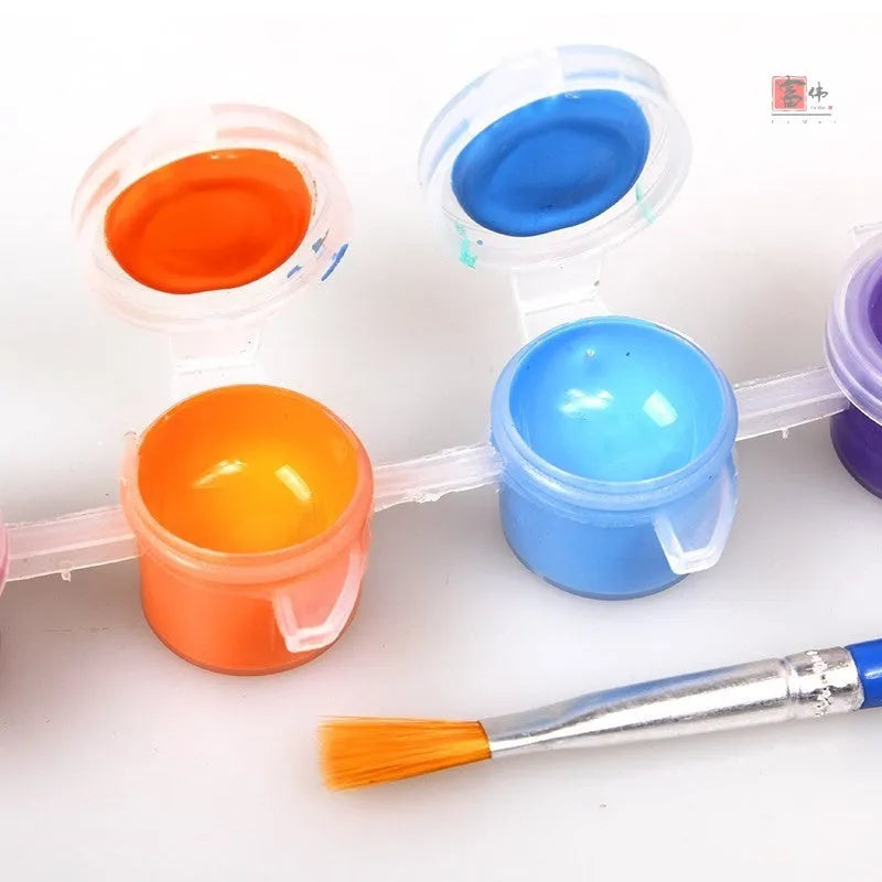 Children's gouache painting kit showing sketchpad with pre-printed pictures, eight paint rows, paint pens, and mixing palette