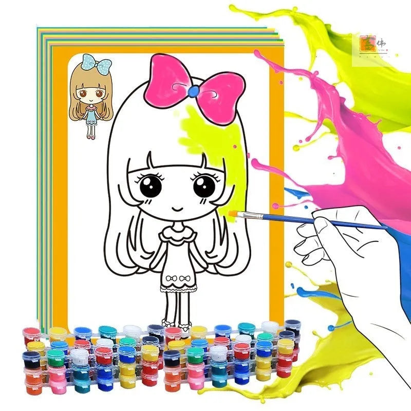 Children's gouache painting kit showing sketchpad with pre-printed pictures, eight paint rows, paint pens, and mixing palette