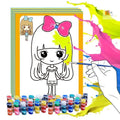 Children's gouache painting kit showing sketchpad with pre-printed pictures, eight paint rows, paint pens, and mixing palette
