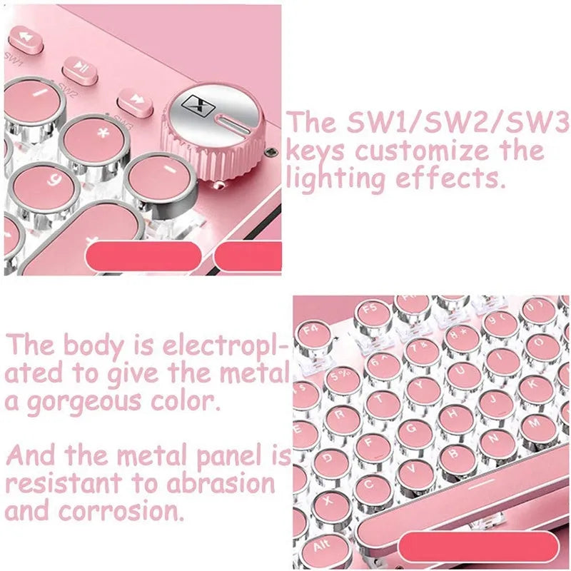 Queen Lipstick mechanical keyboard with silver base, pink keys, green switches, and a wireless mouse on a desk.