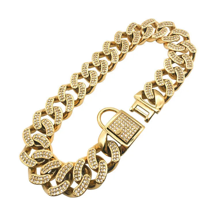 Adjustable stainless steel dog collar with diamond buckle in gold finish on white background