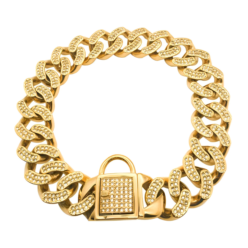Adjustable stainless steel dog collar with diamond buckle in gold finish on white background