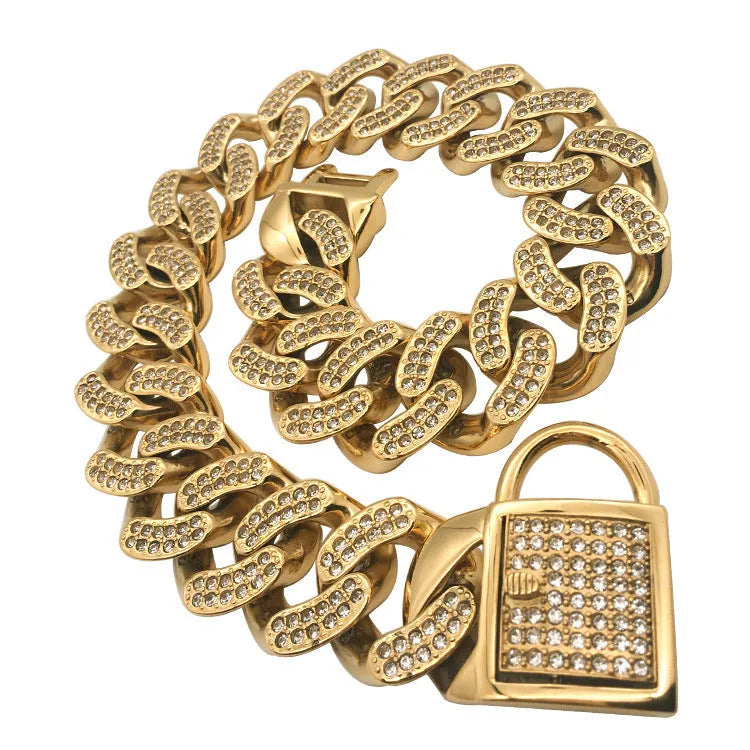 Adjustable stainless steel dog collar with diamond buckle in gold finish on white background