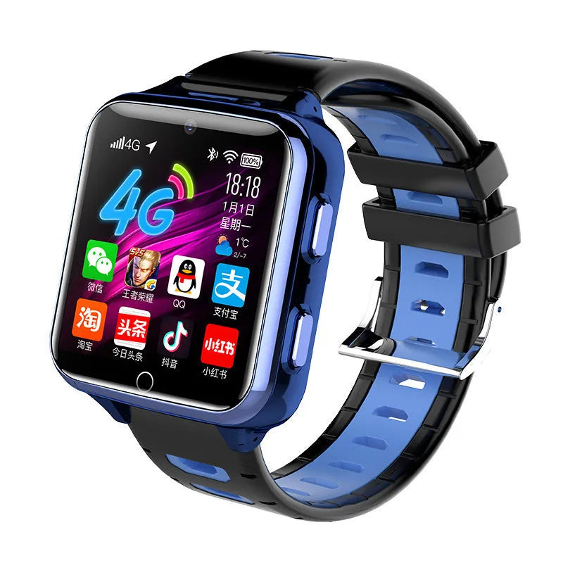 Children's black smart watch with sporty silicone strap and colour touchscreen on wrist