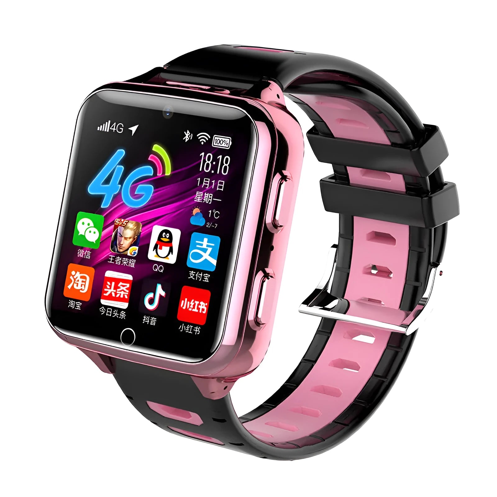 Children's black smart watch with sporty silicone strap and colour touchscreen on wrist