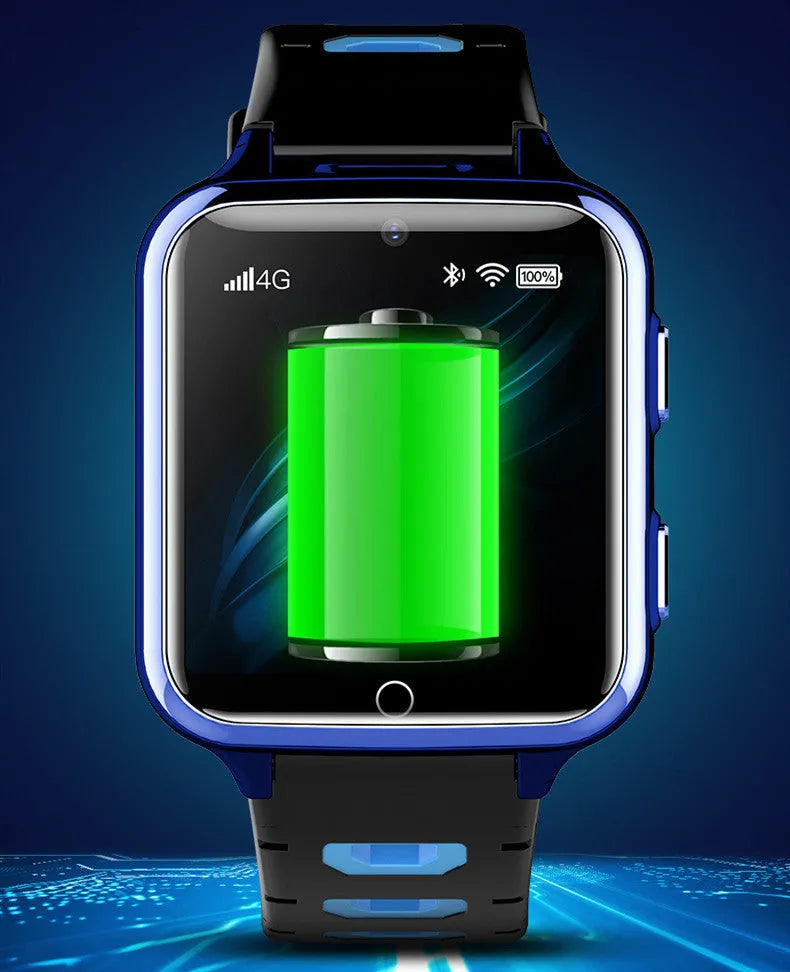 Children's black smart watch with sporty silicone strap and colour touchscreen on wrist