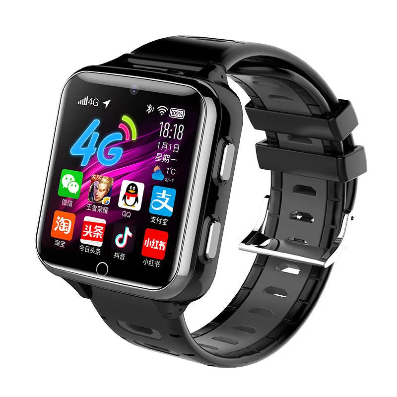 Children's black smart watch with sporty silicone strap and colour touchscreen on wrist
