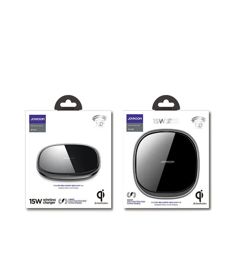 Black 15W wireless charger with zinc alloy and glass, Type-C input and FOD protection