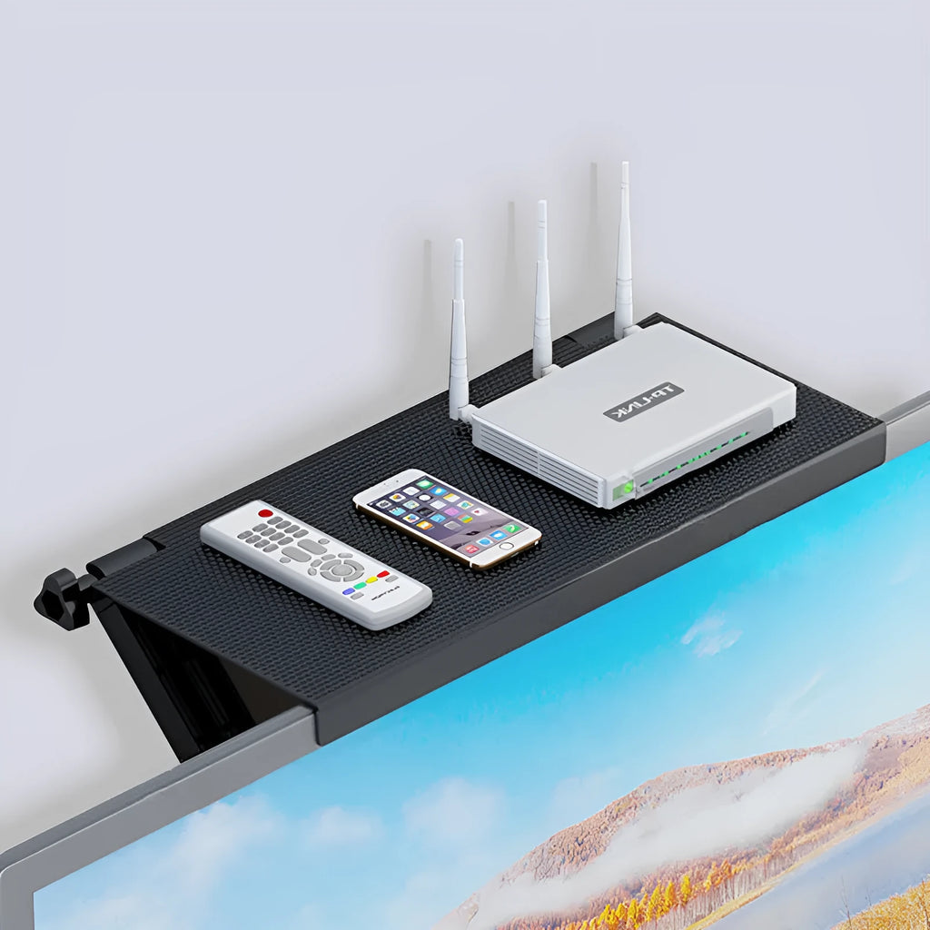 Plastic set-top box rack with hook mount and cable management holes in a choice of five colours.