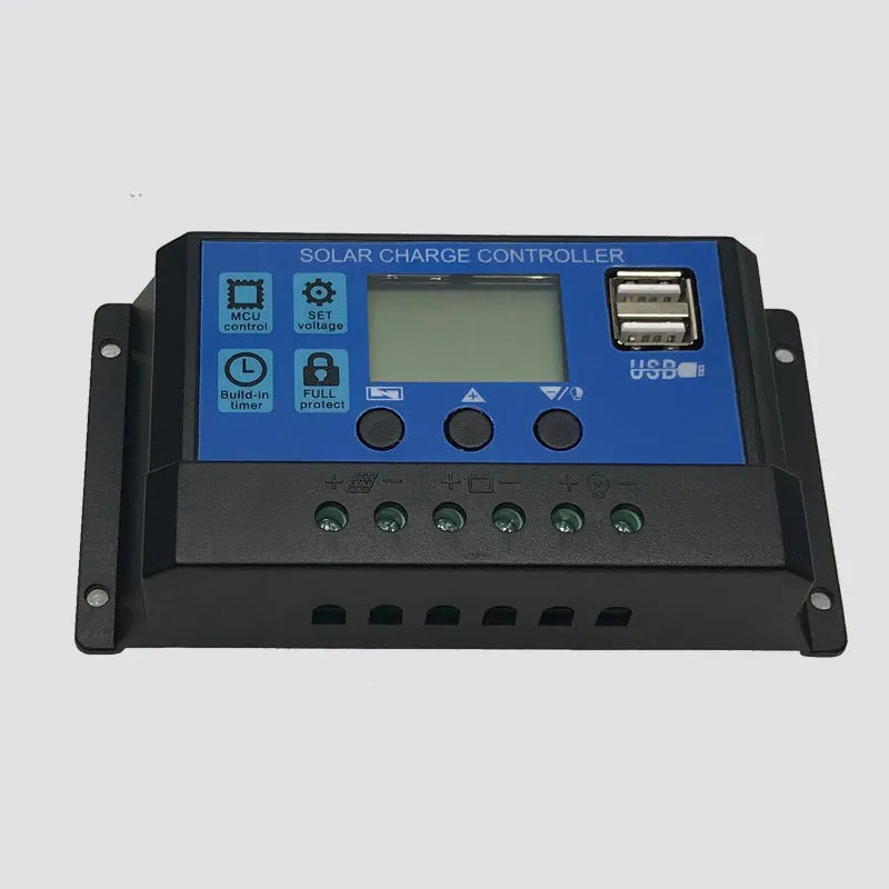 Solar controller with light and time control, dual USB ports, 10A-60A, PVC body