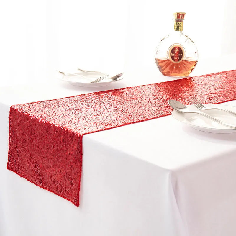 Gypsophila embroidered sequined table runner in polyester, shown in beige with modern simple style for dining tables