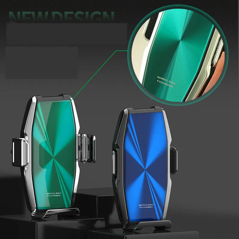 Blue and green car wireless charger mobile phone holder with indicator light