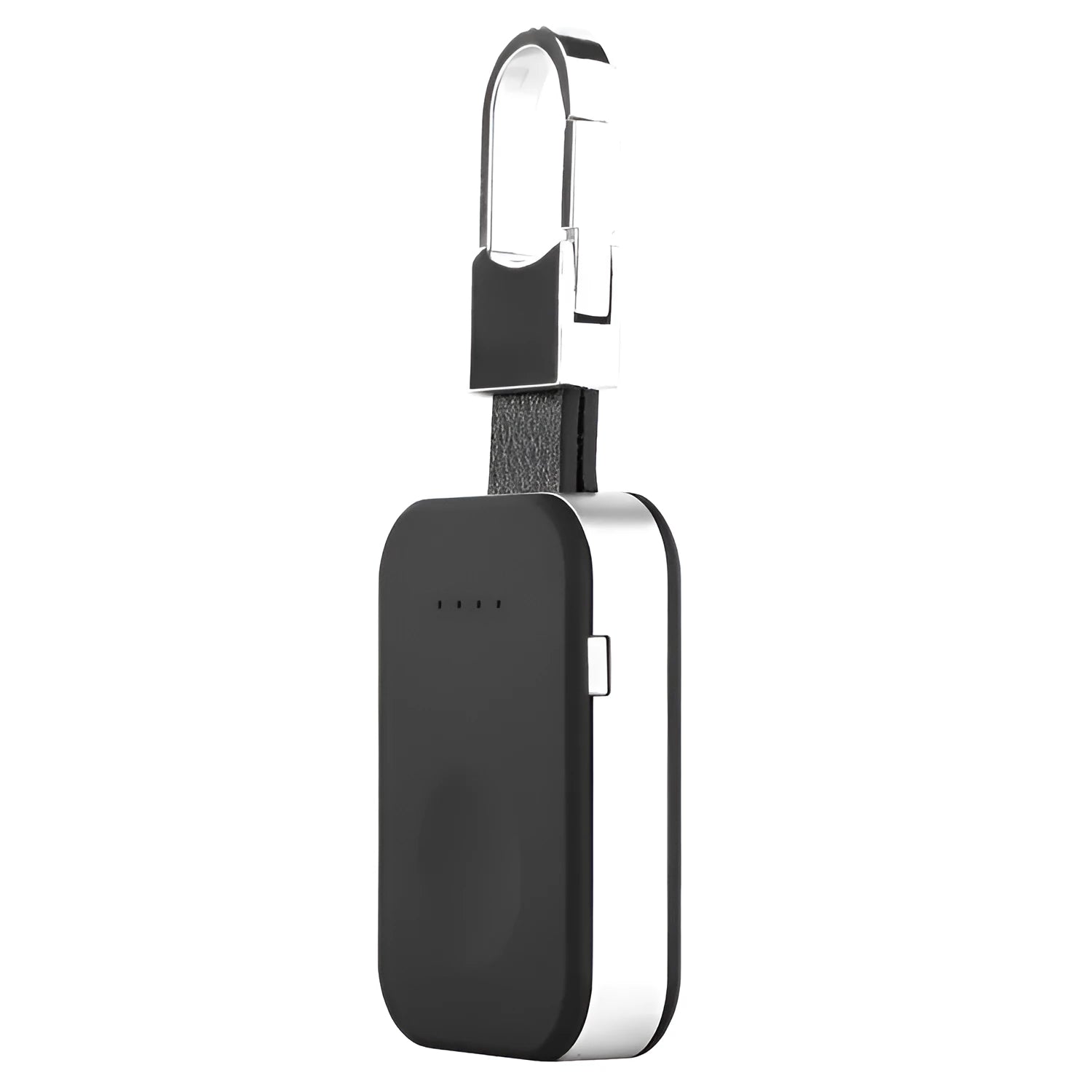 Black Apple Watch keychain power bank with wireless charging pad next to an Apple Watch.