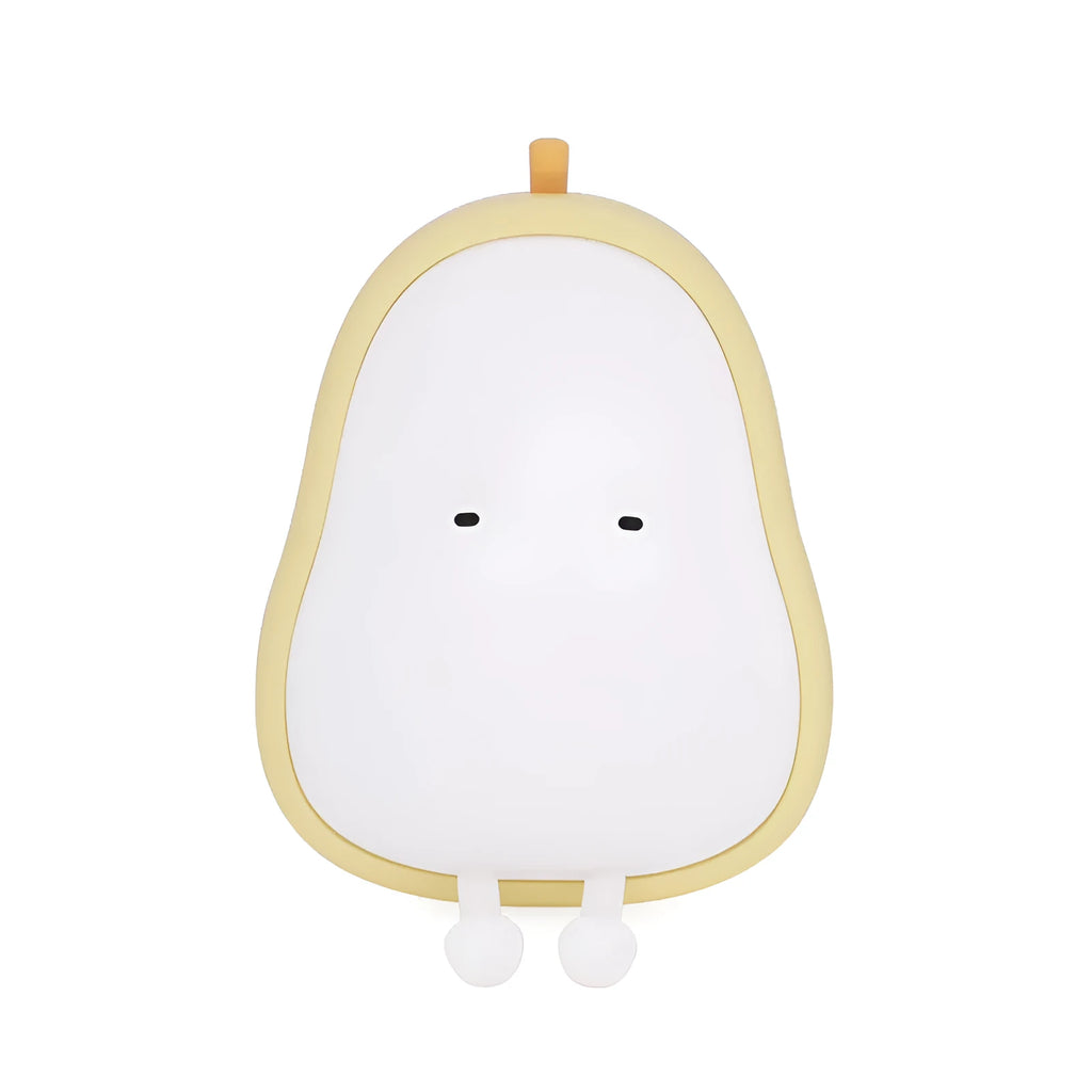 Yali pear-shaped silicone night light emitting warm yellow light on a bedside table.