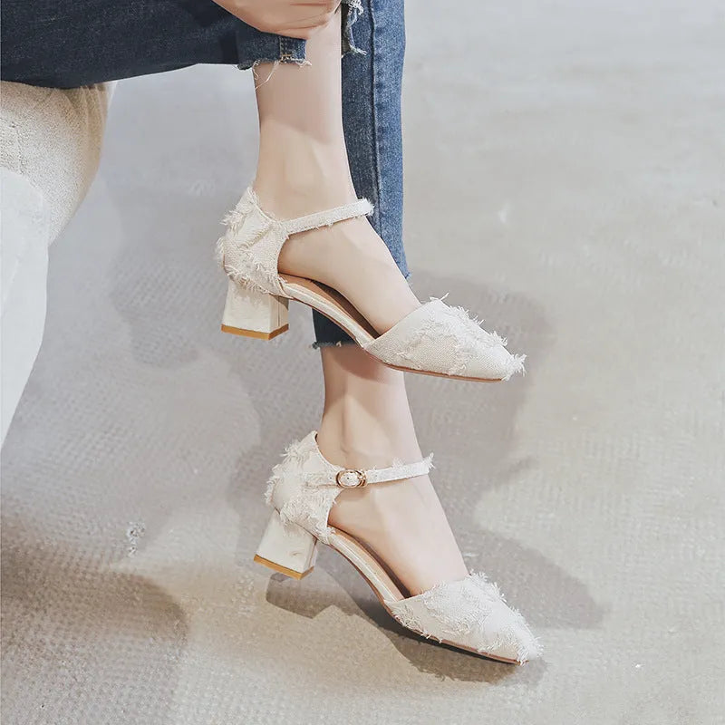 Women's apricot suede D'Orsay flats with ankle strap and 3cm low block heel on a plain background.