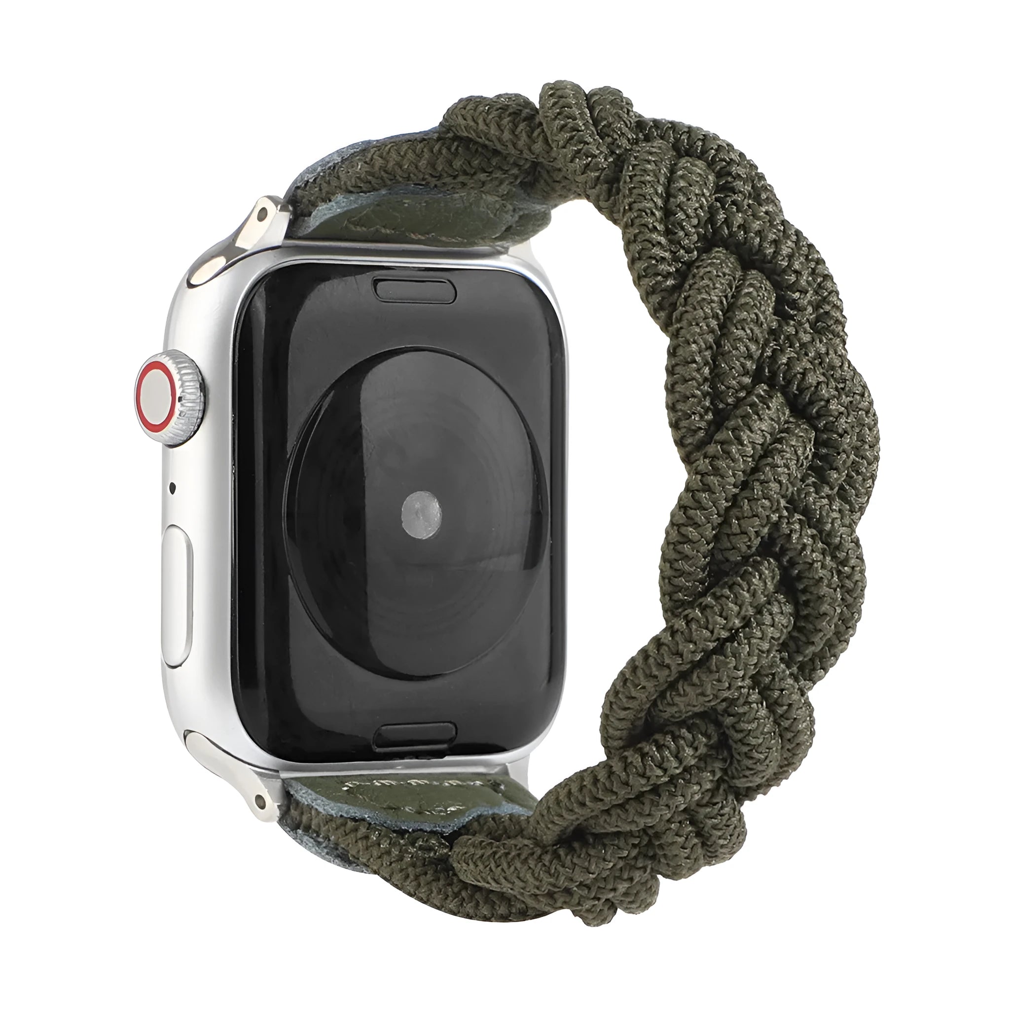 Braided single loop watch strap for Apple Watch, shown in army green colour.