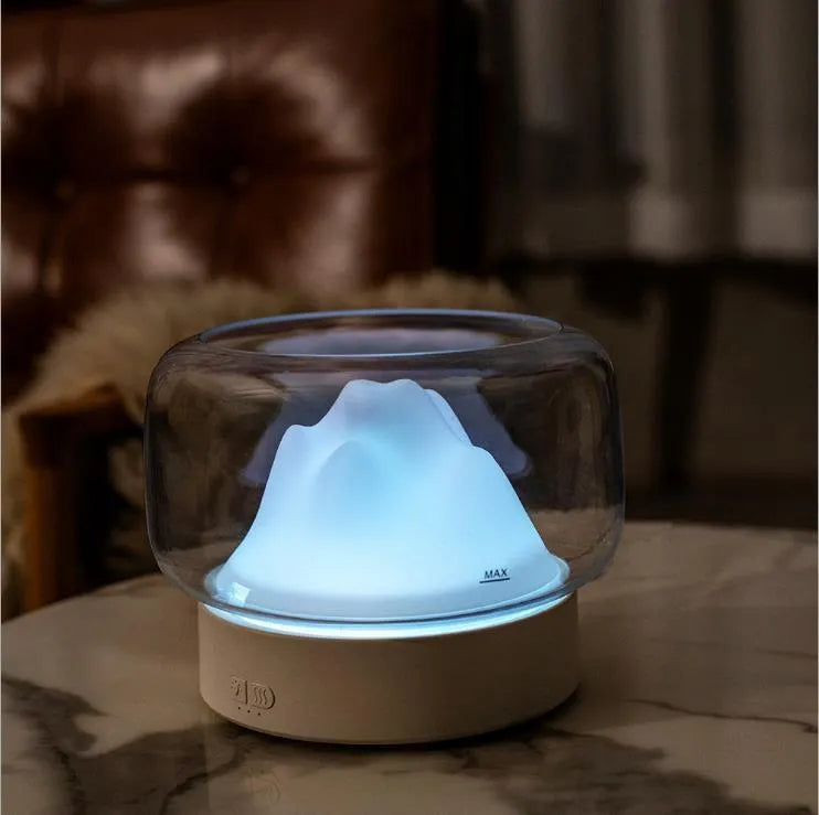 Blue Home Mountain View Aroma Diffuser vase style on table with nano water replenishing device