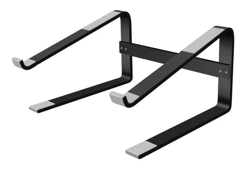 Silver aluminium alloy laptop stand measuring 260x240x150 mm on a wooden desk