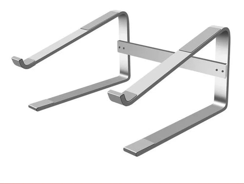 Silver aluminium alloy laptop stand measuring 260x240x150 mm on a wooden desk