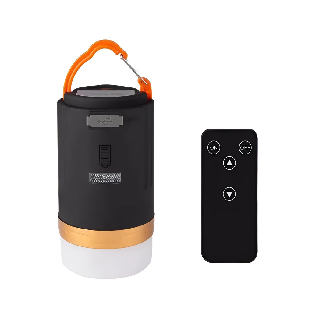 Black remote control emergency LED camping light for outdoor and tent use.