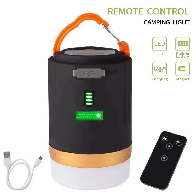 Black remote control emergency LED camping light for outdoor and tent use.