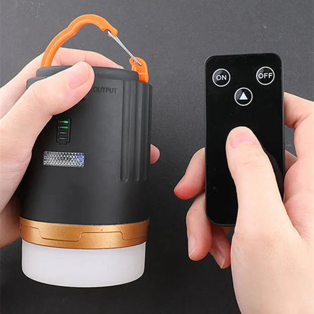 Black remote control emergency LED camping light for outdoor and tent use.