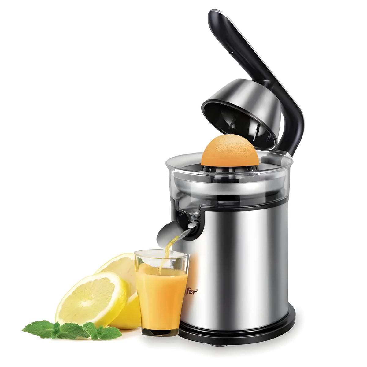 Red electric lemon juicer with 401-600mL capacity, plastic body, round feed port, and EU plug