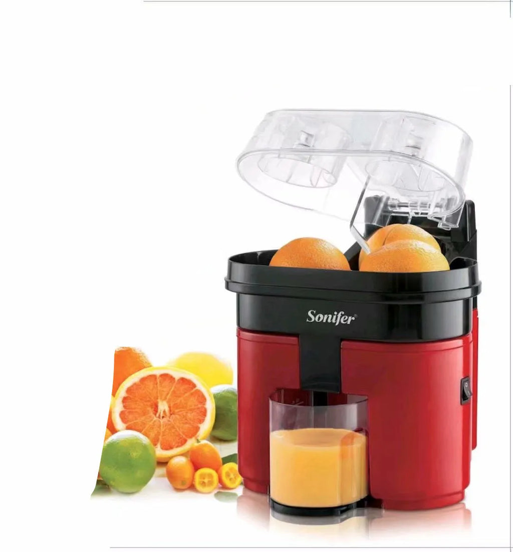 Red electric lemon juicer with 401-600mL capacity, plastic body, round feed port, and EU plug