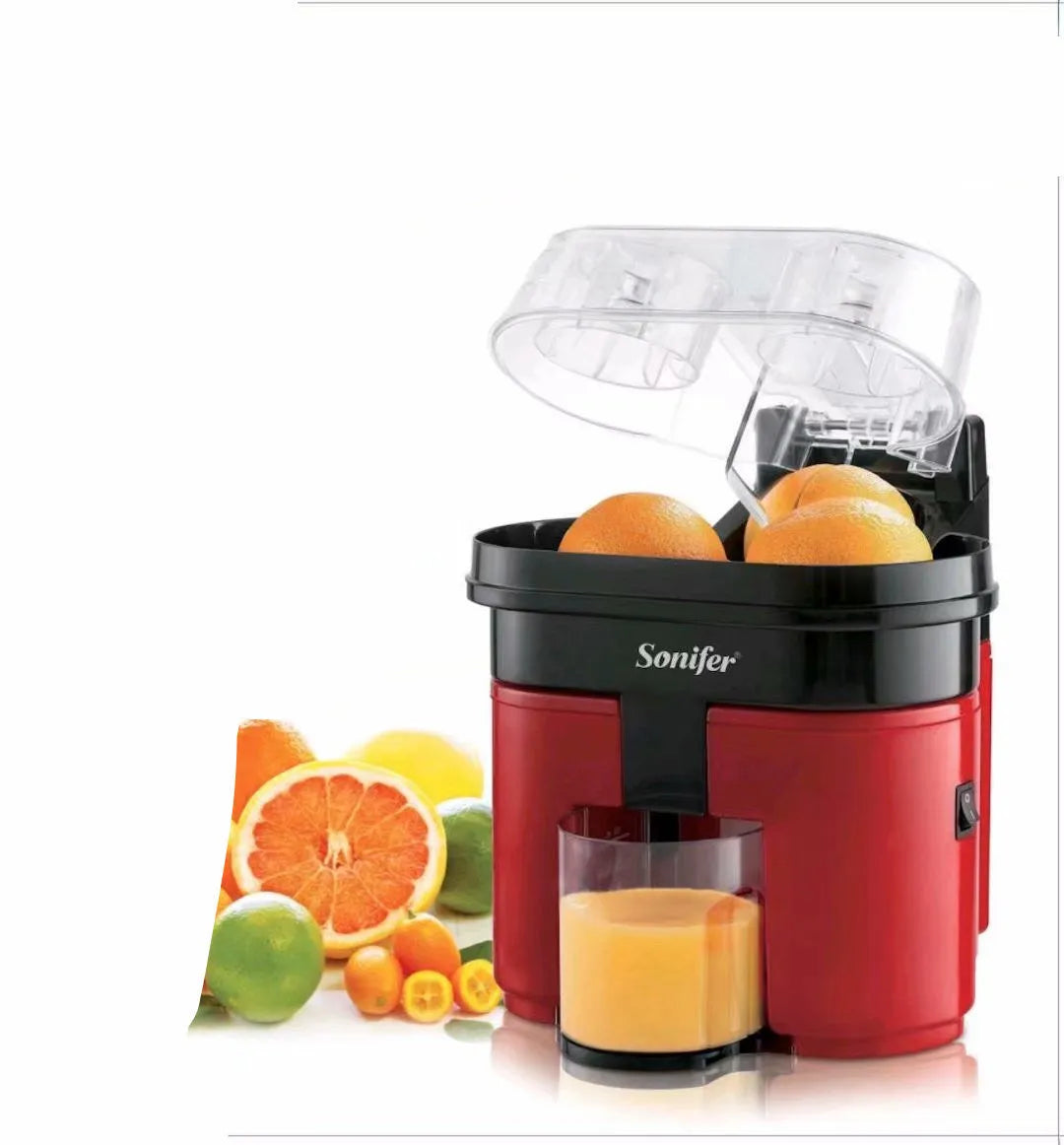 Red electric lemon juicer with 401-600mL capacity, plastic body, round feed port, and EU plug