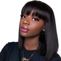 A 10-inch short to medium length real human hair wig in black colour displayed on a headgear.