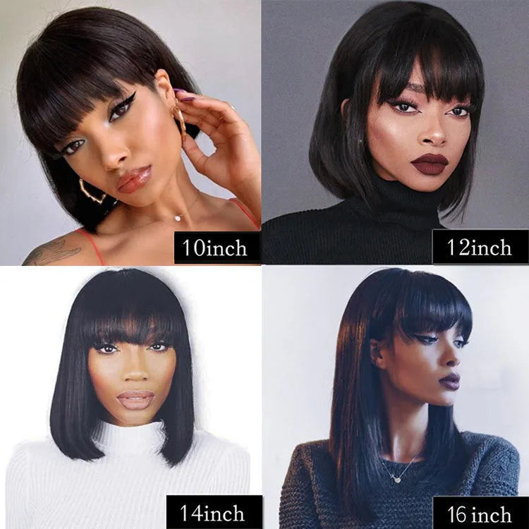 A 10-inch short to medium length real human hair wig in black colour displayed on a headgear.