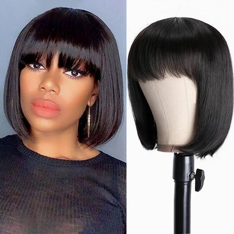 A 10-inch short to medium length real human hair wig in black colour displayed on a headgear.