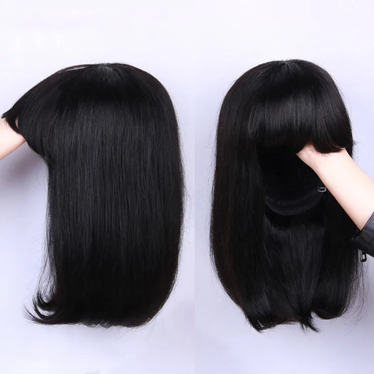 A 10-inch short to medium length real human hair wig in black colour displayed on a headgear.