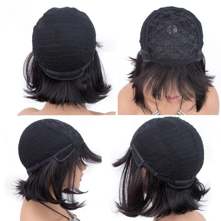 A 10-inch short to medium length real human hair wig in black colour displayed on a headgear.