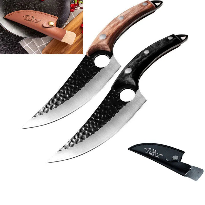 Butcher knife set with small curved scimitar and boning knife in leather sheath