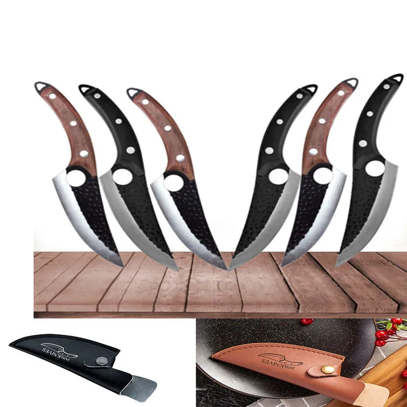 Butcher knife set with small curved scimitar and boning knife in leather sheath