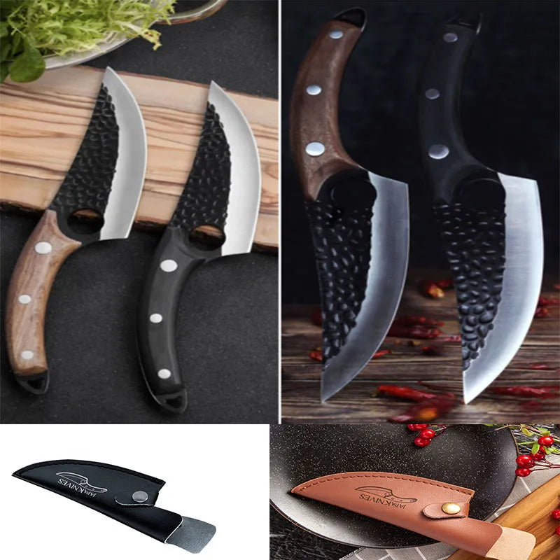 Butcher knife set with small curved scimitar and boning knife in leather sheath