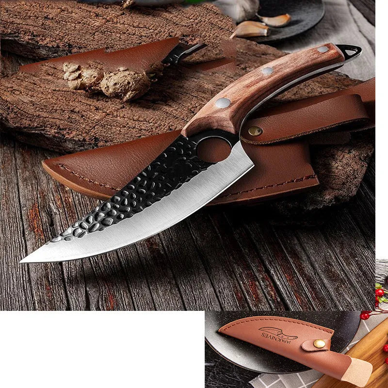 Butcher knife set with small curved scimitar and boning knife in leather sheath