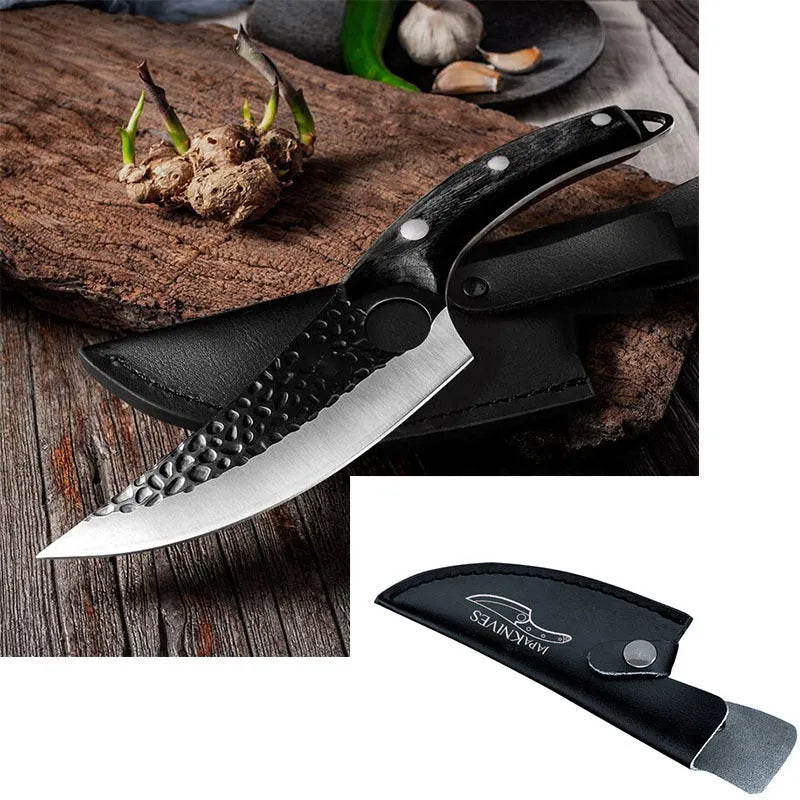 Butcher knife set with small curved scimitar and boning knife in leather sheath