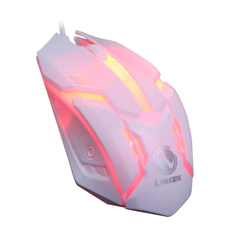 Black wired computer mouse with colourful glow lighting showing USB cable and three buttons