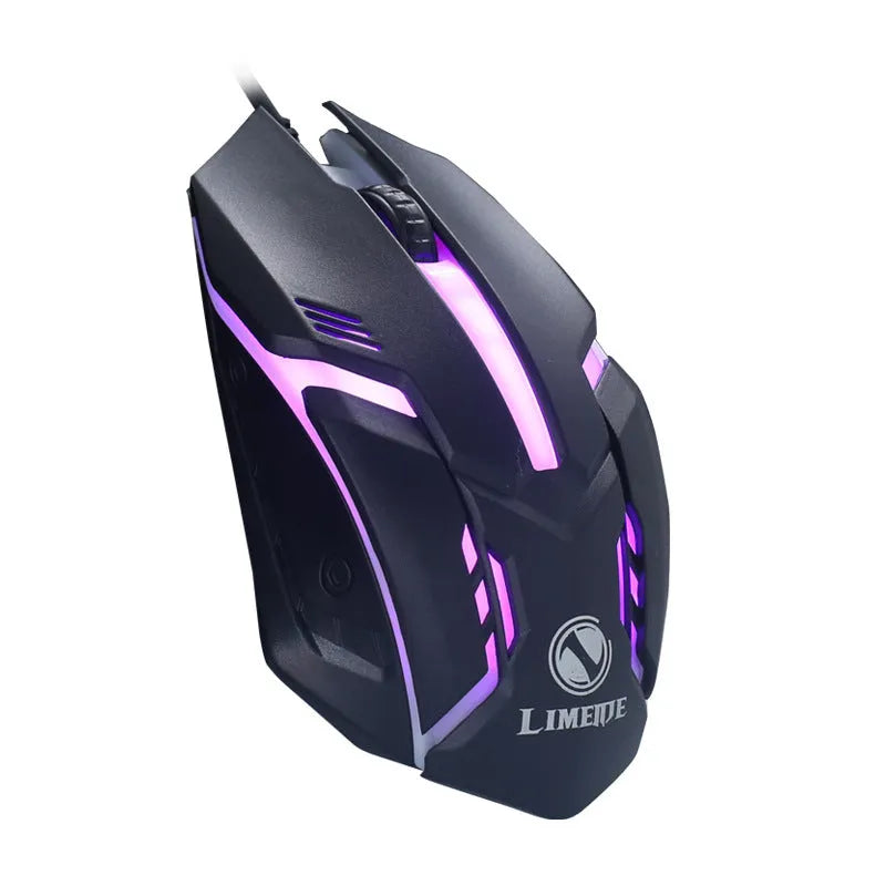 Black wired computer mouse with colourful glow lighting showing USB cable and three buttons