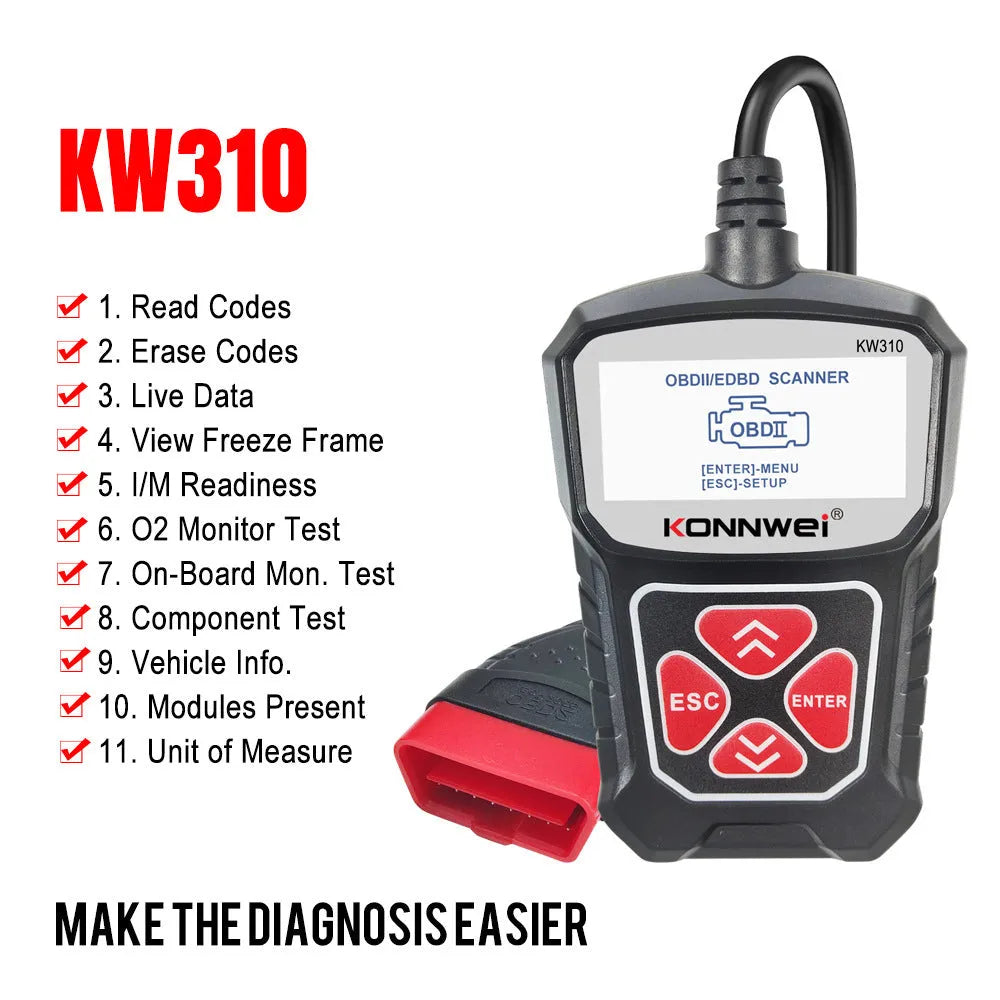 KW310 12V car diagnostic scanner fault code reader tool in black or red