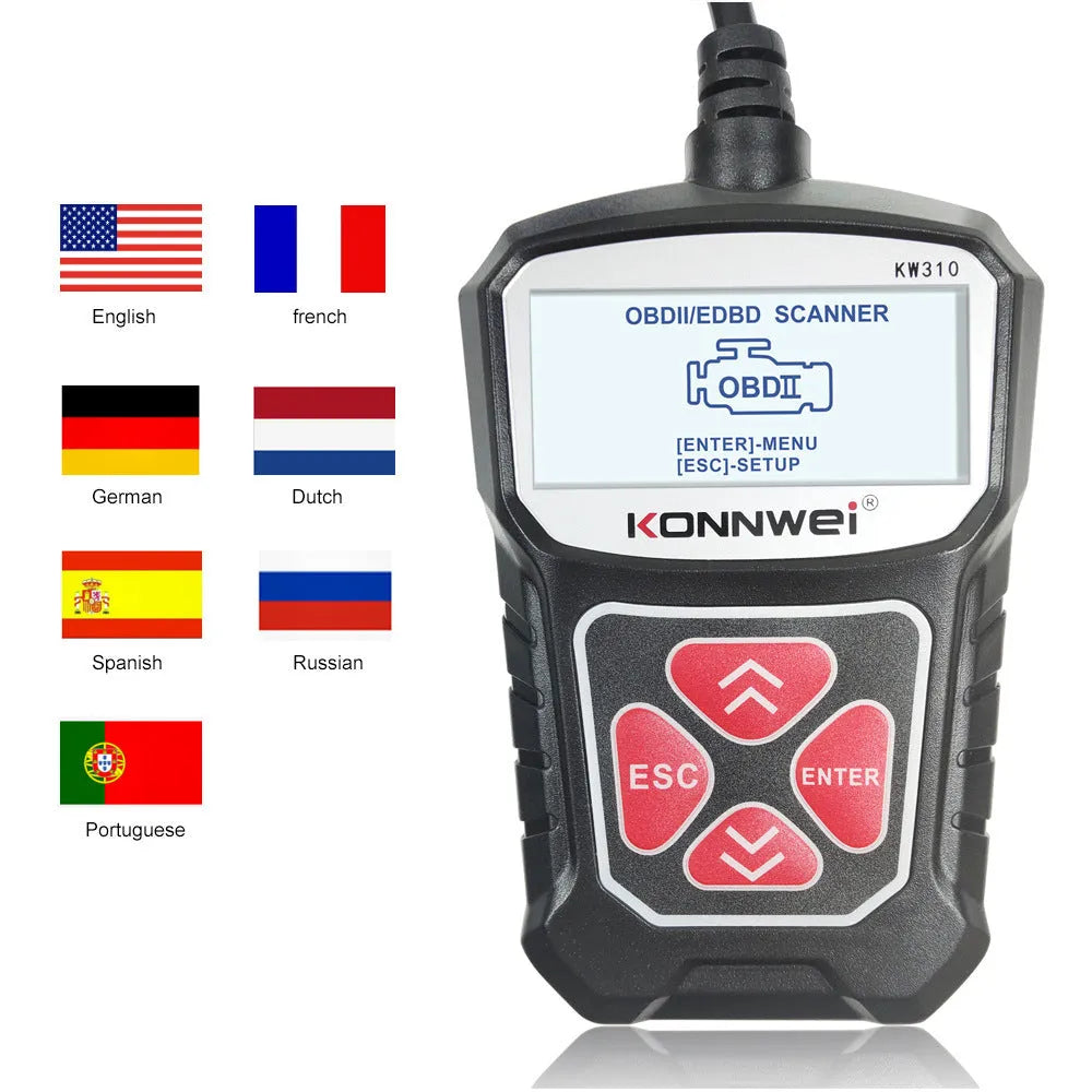 KW310 12V car diagnostic scanner fault code reader tool in black or red