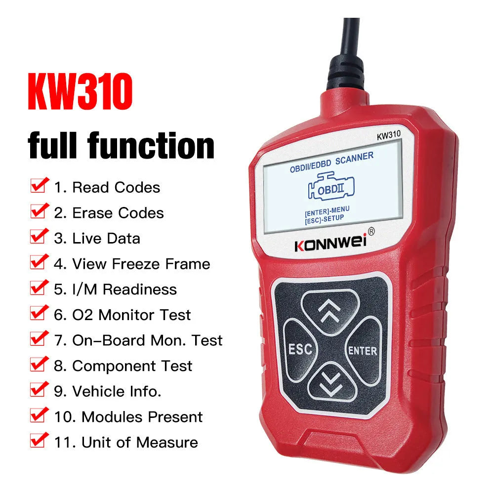 KW310 12V car diagnostic scanner fault code reader tool in black or red