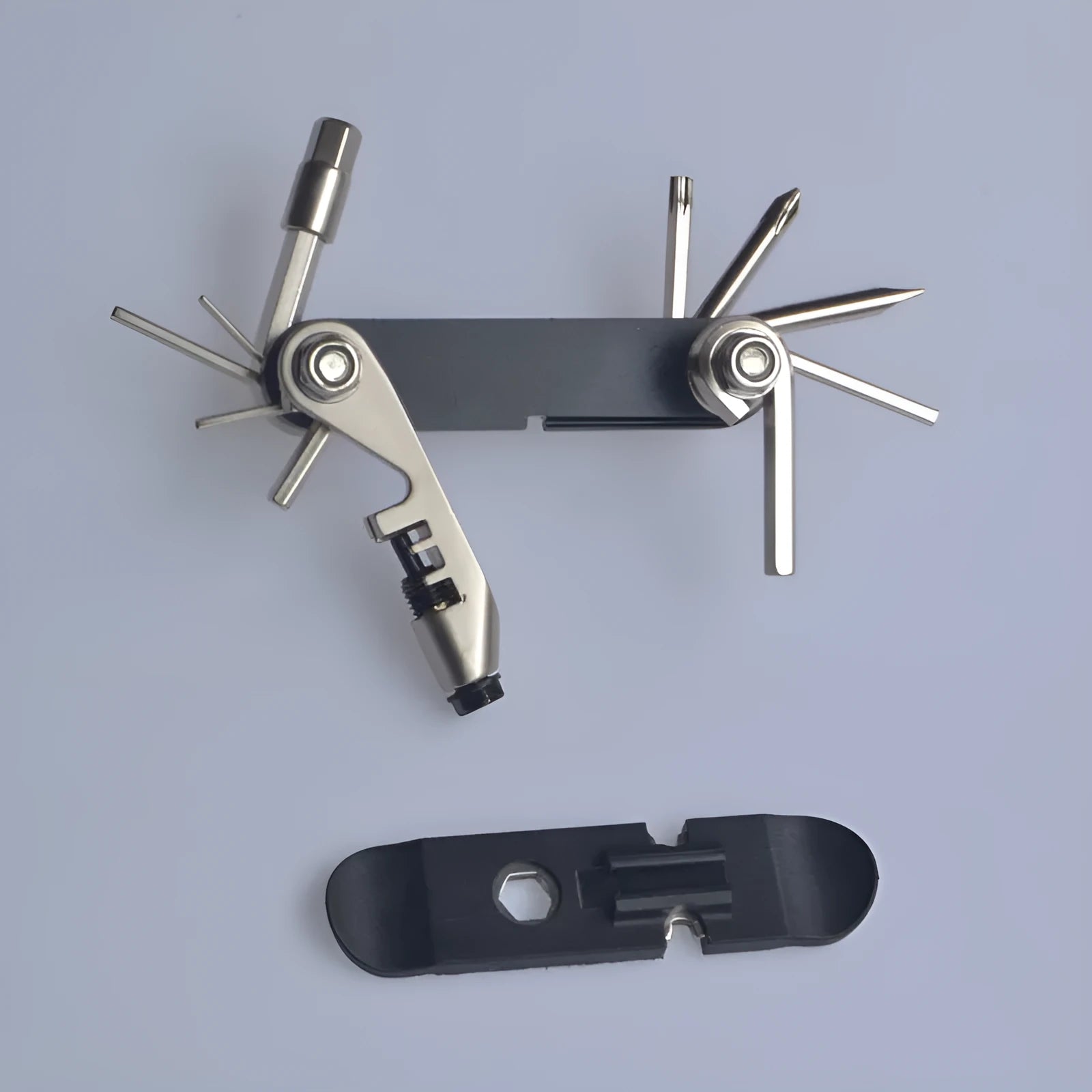Chrome vanadium steel bicycle repair combination tool in black, red, yellow, and blue.
