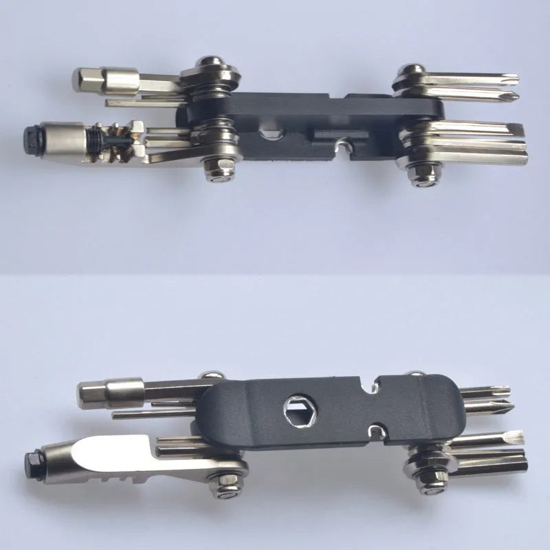 Chrome vanadium steel bicycle repair combination tool in black, red, yellow, and blue.